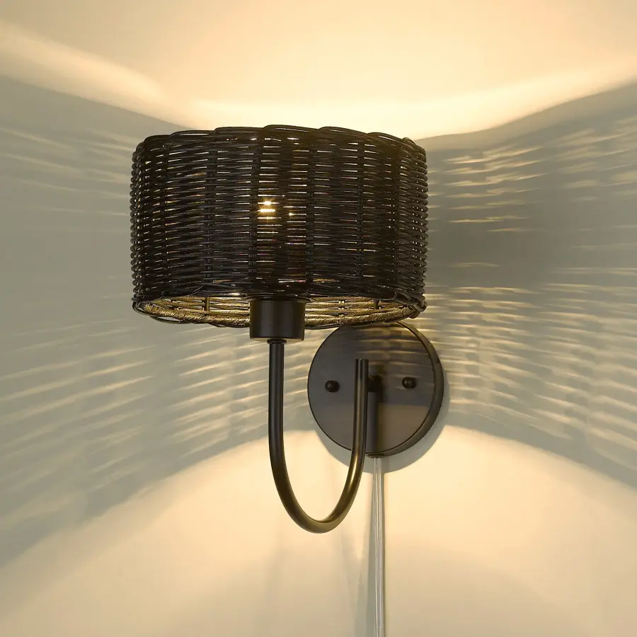 Golden Lighting Erma 1-Light Wall Sconce in Matte Black with Black Wicker Shade - Image 6