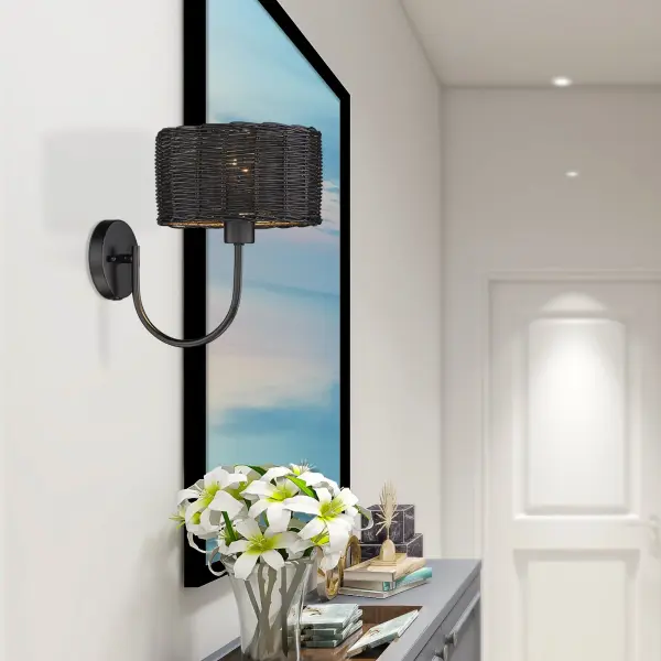 Golden Lighting Erma 1-Light Wall Sconce in Matte Black with Black Wicker Shade - Image 7