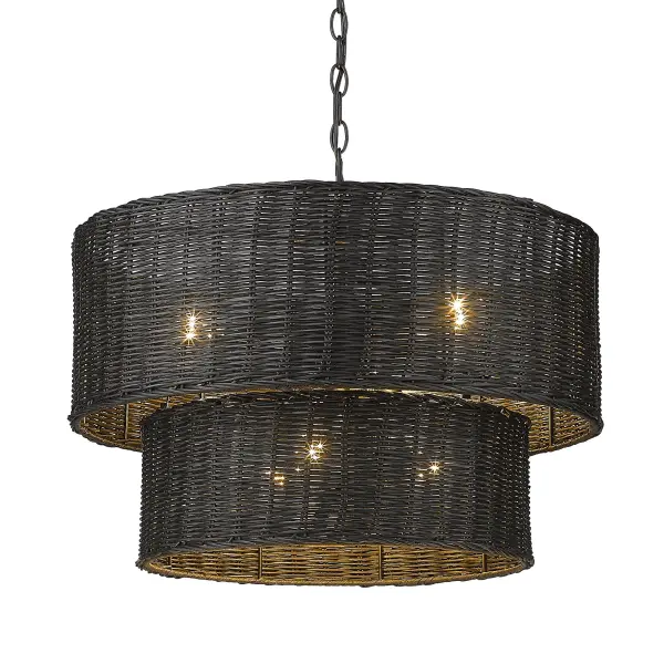 The Erma 6-light chandelier combines contemporary matte black styling with organic wicker shades for a sophisticated yet approachable aesthetic. Its adjustable height and sloped-ceiling compatibility make it exceptionally versatile.