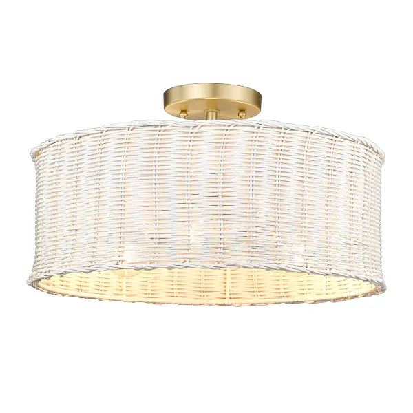 The Erma semi-flush mount beautifully blends natural wicker texture with refined brushed champagne brass, creating a sophisticated coastal aesthetic. Perfect for mid-height ceilings, it offers versatile style and ample illumination.