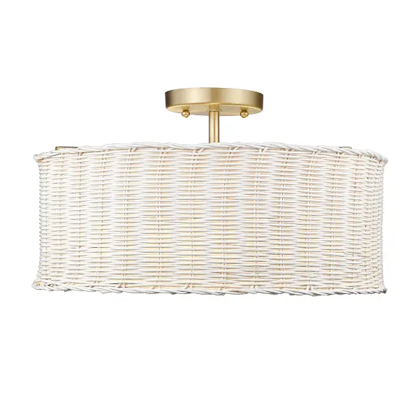 The Erma semi-flush mount beautifully blends natural wicker texture with refined brushed champagne brass, creating a sophisticated coastal aesthetic. Perfect for mid-height ceilings, it offers versatile style and ample illumination. - alternate view