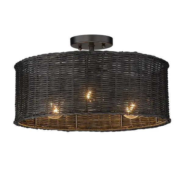 The Erma Semi-Flush Mount beautifully blends coastal charm with contemporary design. Its handcrafted black wicker shade creates warm, inviting illumination while the matte black frame adds graphic sophistication.