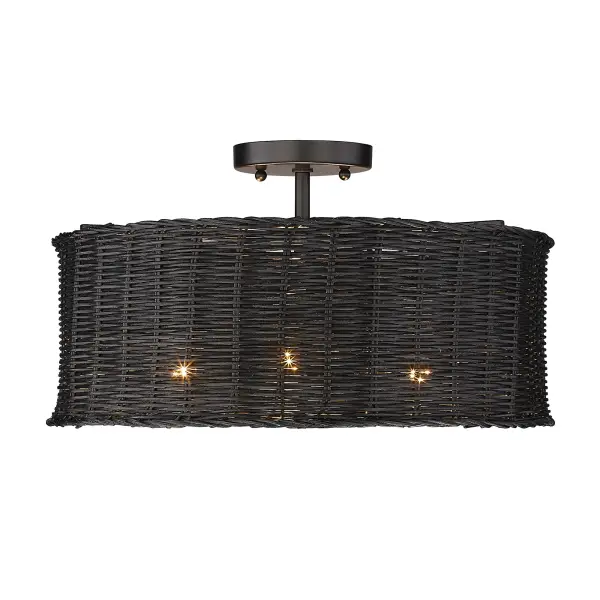 The Erma Semi-Flush Mount beautifully blends coastal charm with contemporary design. Its handcrafted black wicker shade creates warm, inviting illumination while the matte black frame adds graphic sophistication. - alternate view
