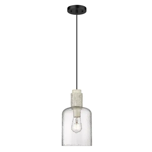 Bring coastal elegance into your home with the Wry Lighting Pedra 1-light Pendant in Matte Black. Featuring a glass shade and a matte black frame, it creates a welcoming atmosphere. The hammered clear glass shade features a stunning, artisanal touch with a dynamic play of light, creating a captivating visual texture. This beautiful shade captures and refracts light, casting a brilliant sparkle onto surrounding surfaces. The matte black finish is timeless and endlessly versatile, offering an understated elegance that complements various decor styles from minimalist to bold contemporary. Perfect for kitchens, dining rooms, or bedrooms—with damp location rating suitable for covered and semi-enclosed spaces. The pendant is also sloped-ceiling compatible with adjustable height from 14.25" to 134.25". Overall dimensions are 6.75"W x 13"H x 6.75"D, and it requires 1 E26 medium base bulb (not included) with a maximum wattage of 100. This charming pendant light adds a touch of rustic elegance and quality to your home, making it ideal for focused illumination. Collection: Pedra Finish: Matte Black Glass: Hammered Clear Glass Width: 6.75" Height: 13.00" Length: 6.75" Weight: 4.14 lb Extension from Wall: 6.75" Canopy: 4.75"W x 4.75"H x 0.75"D Number of Bulbs: 1 Maximum Wattage: 100.00 W Bulb Type: A19 Bulb Base: E26 Light Source: Incandescent Dimmable Voltage: 120.00 V Country of Origin: China Safety Listing: ETL Manufacturer Warranty: 1 Year Limited - alternate view