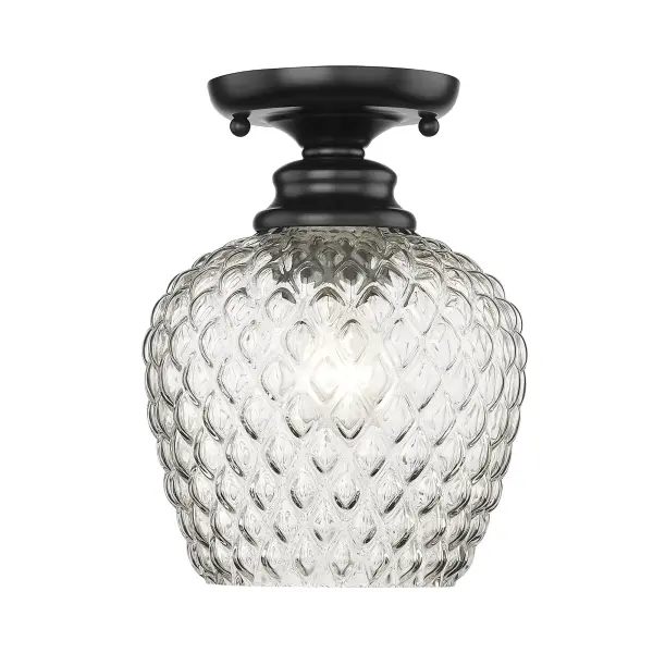 The Adeline semi-flush mount combines farmhouse elegance with modern simplicity. Its clear glass shade delivers brilliant light while the matte black frame adds graphic appeal. Damp-rated for versatile placement.