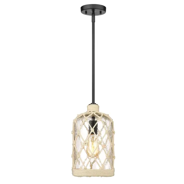 Capture the essence of seaside elegance with the Wry Lighting Nassau 1-light Pendant. Featuring a glass shade and a matte black frame, it creates a warm and inviting atmosphere. The hammered clear glass shade is designed to create a sparkling, refractive light effect, adding a stunning artisanal touch. The matte black finish, known for its timeless appeal, complements any décor from industrial to contemporary. Damp location rated, this pendant is perfect for covered spaces like dining areas or entryways. Sloped ceiling compatible, the fixture offers easy installation on angled surfaces, enhancing its versatility. The overall dimensions are 7"W x 12.38"H x 7"D, requiring 1 E26 medium base bulb (not included) with a maximum wattage of 100. Elevate your home lighting with this beautiful pendant, cherished by customers for its unique design and quality. Collection: Nassau Rooms: Accent, Kitchen, Bath Finish: Matte Black Glass: Hammered Clear Glass Notes: 1ea 6``, 3ea 12`` Width: 7.00" Height: 12.38" Length: 7.00" Weight: 5.30 lb Extension from Wall: 7.00" Wire: 10` Canopy: 4.75"W x 4.75"H x 0.75"D Number of Bulbs: 1 Maximum Wattage: 100.00 W Bulb Type: A19 Bulb Base: E26 Light Source: Incandescent Dimmable Voltage: 120.00 V Material: Steel Country of Origin: China Safety Listing: ETL Safety Rating: Damp Connection: Hardware Manufacturer Warranty: 1 Year Limited - alternate view