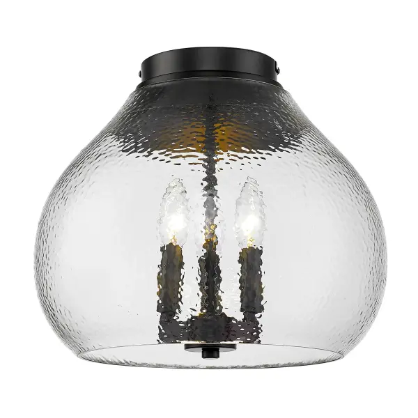 The Ariella flush mount combines hammered clear glass with a sleek matte black finish to deliver sparkling light effects in compact spaces. Damp-rated and ideal for low ceilings, it brings modern sophistication to hallways, bathrooms, and utility areas.