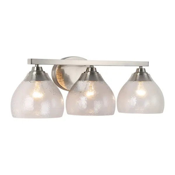 The Ariella 3-light vanity combines timeless pewter finish with distinctive hammered glass shades that create a sparkling light effect. Perfect for bathrooms needing dedicated lighting, this damp-rated fixture bridges traditional and contemporary styles.