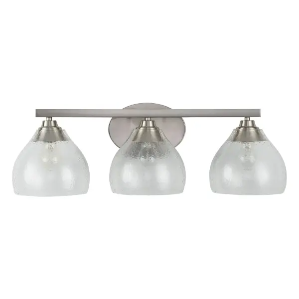 The Ariella 3-light vanity combines timeless pewter finish with distinctive hammered glass shades that create a sparkling light effect. Perfect for bathrooms needing dedicated lighting, this damp-rated fixture bridges traditional and contemporary styles. - alternate view