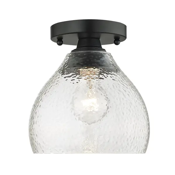 The Ariella semi-flush mount combines a sleek matte black frame with hammered clear glass for dynamic light play. Its compact 7.38" profile suits mid-height ceilings while the damp location rating adds versatility.
