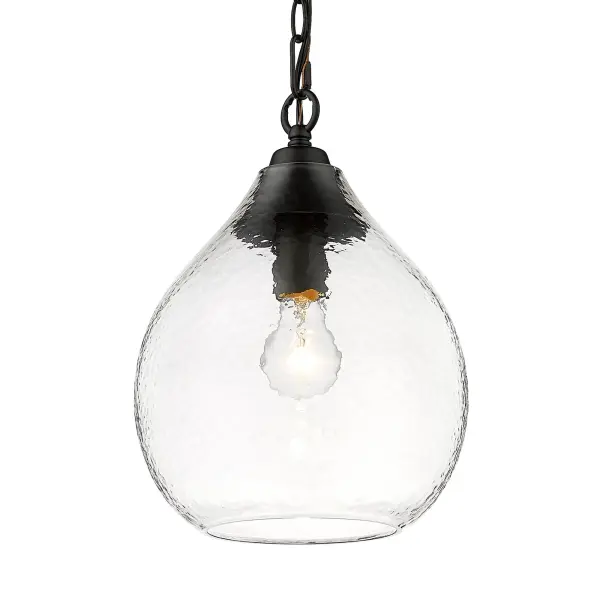 The Ariella pendant combines artisanal hammered glass with a sophisticated matte black frame, creating sparkling refractive light patterns. Its adjustable height and damp location rating make it ideal for kitchens, dining areas, and covered outdoor spaces.