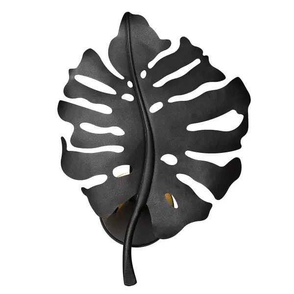 Bring Nature-Inspired elegance into your home with the Wry Lighting Aruba 1-light Wall Sconce in Natural Black. It features a stunning design that acts as functional wall art, shaped like a bold Monstera leaf, bringing the beauty of the outdoors inside your home. The Natural Black finish provides a grounded feel with its soft, chalky texture, making it a perfect fit for various styles, from modern farmhouse to industrial. This wall sconce, designed with a no shade form, emphasizes the beauty of its structure and light effect. The tactile surface replicates the look of raw, natural iron, enhancing its organic aesthetic. Versatile and suitable for damp locations, the fixture enhances hallways, stairways, bathrooms, or adds cozy ambiance in bedrooms and dining rooms. Requires 1 E12 Candelabra base bulb (not included), with a maximum wattage of 60, and has overall dimensions of 12.13"W x 16.75"H x 4.25"D. Elevate your space with this statement piece that blends function and beauty, showcasing high-quality craftsmanship and a unique design. Collection: Aruba Finish: Natural Black Width: 12.13" Height: 16.75" Weight: 1.50 lb Extension from Wall: 4.25" Canopy: 4.75"W x 4.75"H x 0.75"D Number of Bulbs: 1 Maximum Wattage: 60.00 W Bulb Type: CA10 Bulb Base: E12 Light Source: Incandescent Dimmable Voltage: 120.00 V Country of Origin: China Safety Listing: ETL ADA Manufacturer Warranty: 1 Year Limited