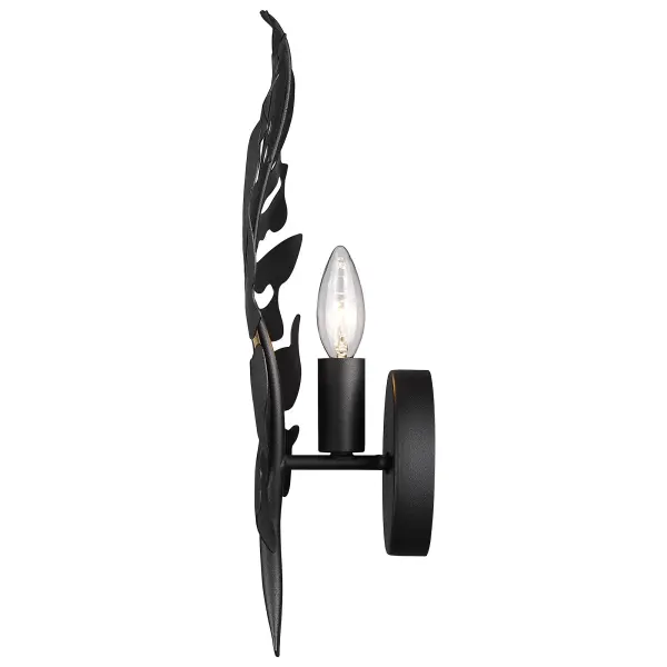 Bring Nature-Inspired elegance into your home with the Wry Lighting Aruba 1-light Wall Sconce in Natural Black. It features a stunning design that acts as functional wall art, shaped like a bold Monstera leaf, bringing the beauty of the outdoors inside your home. The Natural Black finish provides a grounded feel with its soft, chalky texture, making it a perfect fit for various styles, from modern farmhouse to industrial. This wall sconce, designed with a no shade form, emphasizes the beauty of its structure and light effect. The tactile surface replicates the look of raw, natural iron, enhancing its organic aesthetic. Versatile and suitable for damp locations, the fixture enhances hallways, stairways, bathrooms, or adds cozy ambiance in bedrooms and dining rooms. Requires 1 E12 Candelabra base bulb (not included), with a maximum wattage of 60, and has overall dimensions of 12.13"W x 16.75"H x 4.25"D. Elevate your space with this statement piece that blends function and beauty, showcasing high-quality craftsmanship and a unique design. Collection: Aruba Finish: Natural Black Width: 12.13" Height: 16.75" Weight: 1.50 lb Extension from Wall: 4.25" Canopy: 4.75"W x 4.75"H x 0.75"D Number of Bulbs: 1 Maximum Wattage: 60.00 W Bulb Type: CA10 Bulb Base: E12 Light Source: Incandescent Dimmable Voltage: 120.00 V Country of Origin: China Safety Listing: ETL ADA Manufacturer Warranty: 1 Year Limited - alternate view