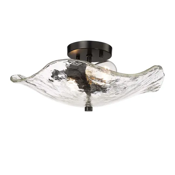 Bring nature-inspired elegance into your home with the Golden Lighting Samara 2-light Semi-Flush Mount. Featuring a glass shade and a Matte Black frame, it creates a welcoming atmosphere. The hammered water glass shade showcases a stunning texture with a glossy finish, designed to refract light beautifully, resulting in a dynamic glow that adds organic charm. Its Matte Black finish is timeless and perfectly smooth to the touch, effortlessly complementing various décors. Ideal for entryways, bedrooms, kitchens, and living areas with mid-height ceilings, this fixture is damp location rated, making it suitable for covered and semi-enclosed spaces with occasional moisture. Overall Dimensions: 15.38"W x 6.63"H x 13.25"D. Requires 2 E26 Medium base bulbs (not included), with a maximum wattage of 60 per bulb. Elevate your space with the artisanal quality and beauty of this unique fixture, designed for those who appreciate the finer details. Collection: Samara Finish: Matte Black Glass: Hammered Water Glass Width: 15.38" Height: 6.63" Length: 13.25" Weight: 7.00 lb Extension from Wall: 13.25" Canopy: 4.75"W x 4.75"H x 0.75"D Number of Bulbs: 2 Maximum Wattage: 120.00 W Bulb Type: A19 Bulb Base: E26 Light Source: Incandescent Dimmable Voltage: 120.00 V Country of Origin: China Safety Listing: ETL Manufacturer Warranty: 1 Year Limited