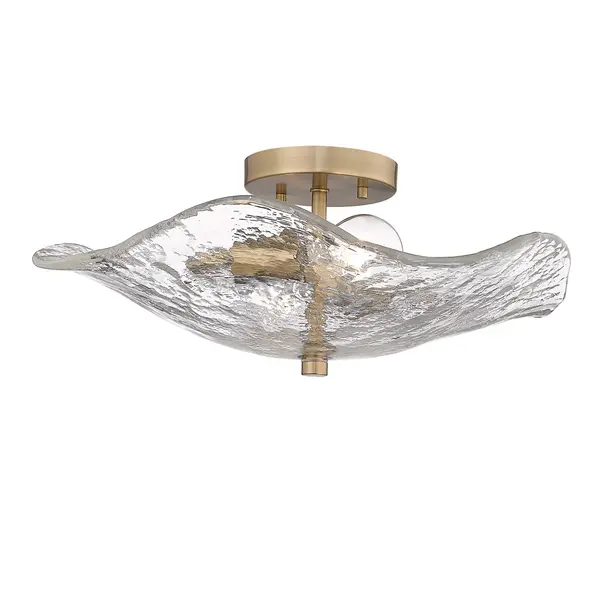 Bring nature-inspired elegance into your home with the Golden Lighting Samara 2-light Semi-Flush Mount. Featuring a glass shade and a Modern Brass frame, it creates a welcoming atmosphere. The hammered water glass shade features a heavy, irregular texture that beautifully distorts light, making it an artisanal choice for adding depth and elegance to your space. Our Modern Brass finish offers a sophisticated alternative to traditional brass, showcasing a softer hue with a rich, warm patina that enhances any decor. Perfect for entryways, bedrooms, kitchens, and living areas, this fixture is Damp Location Rated, making it suitable for spaces with occasional moisture. It requires 2 E26 Medium base bulbs (not included) with a max wattage of 60. Overall dimensions are 15.38"W x 6.63"H x 13.25"D. Illuminate your home with style and quality with this stunning piece from Golden Lighting.