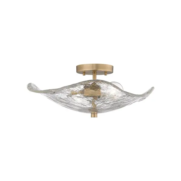 Bring nature-inspired elegance into your home with the Golden Lighting Samara 2-light Semi-Flush Mount. Featuring a glass shade and a Modern Brass frame, it creates a welcoming atmosphere. The hammered water glass shade features a heavy, irregular texture that beautifully distorts light, making it an artisanal choice for adding depth and elegance to your space. Our Modern Brass finish offers a sophisticated alternative to traditional brass, showcasing a softer hue with a rich, warm patina that enhances any decor. Perfect for entryways, bedrooms, kitchens, and living areas, this fixture is Damp Location Rated, making it suitable for spaces with occasional moisture. It requires 2 E26 Medium base bulbs (not included) with a max wattage of 60. Overall dimensions are 15.38"W x 6.63"H x 13.25"D. Illuminate your home with style and quality with this stunning piece from Golden Lighting. - alternate view