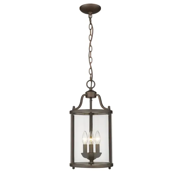 The Payton pendant delivers traditional elegance with its clear glass shades and warm Rubbed Bronze frame. Compact at 9" wide, it's perfectly sized for smaller spaces while providing ample illumination through three candelabra bulbs. - alternate view