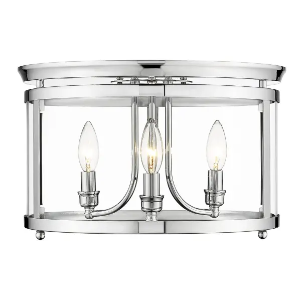 The Payton 3-light flush mount combines modern elegance with practical design. Its polished chrome finish and clear glass shade deliver brilliant light while maintaining a low 9.25" profile, making it ideal for spaces with ceiling height constraints. - alternate view