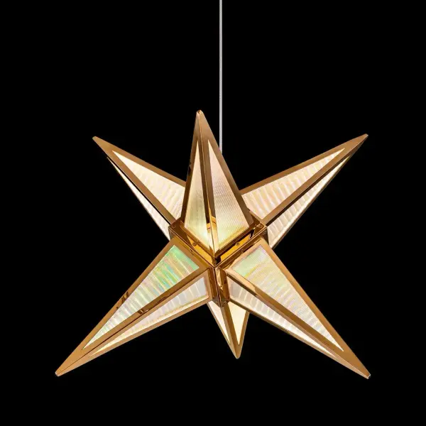 The Ziva pendant combines glamorous iridescent acrylic panels with warm Rose Gold finish to create a mesmerizing light display. Integrated LED technology offers 2250 lumens with three color temperature options, while adjustable height makes it versatile for various ceiling heights.