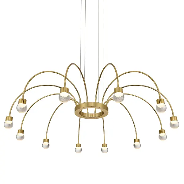 The Yep by Golden Lighting Vario 12-Light Integrated LED Chandelier delivers bold contemporary style through a sculptural silhouette defined by gracefully arched arms radiating from a central hub. Finished in brilliant Titanium Gold, the electroplated frame showcases a rich yellow-gold tone with a flawless, mirror-like sheen that reflects light beautifully for a luxurious presence. Each arm is capped with a clear glass globe diffuser that provides clean, unobstructed illumination while highlighting the integrated LED light source within. Measuring 37.5"W x 11.25"H x 37.5"D, this extra-large chandelier makes a striking statement in dining rooms, foyers, bedrooms, and living spaces. Adjustable hanging height from 14.25" to 134" and sloped-ceiling compatibility allow flexible installation across a wide range of ceiling heights. Damp-location rated, it is suitable for covered and semi-enclosed spaces. Integrated LED technology delivers 2880 lumens of bright, energy-efficient illumination and includes a 3CCT selector offering 3000K, 4000K, or 5000K color temperatures for customized ambiance. Collection: Vario Finish: Titanium Gold Glass: Clear Glass Globe Width: 37.50" Height: 11.25" Weight: 7.15 lb Extension from Wall: 37.50" Canopy: 8.75"W x 8.75"H x 1.5"D Bulbs Included Number of Bulbs: 12 Maximum Wattage: 40.00 W Bulb Type: Panel Light Source: LED Dimmable Voltage: 120.00 V Country of Origin: China Safety Listing: ETL LED Manufacturer Warranty: 5 Year Limited