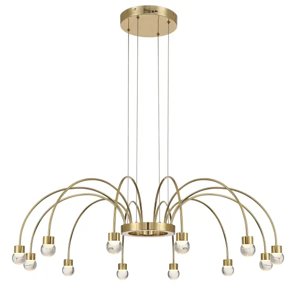 The Yep by Golden Lighting Vario 12-Light Integrated LED Chandelier delivers bold contemporary style through a sculptural silhouette defined by gracefully arched arms radiating from a central hub. Finished in brilliant Titanium Gold, the electroplated frame showcases a rich yellow-gold tone with a flawless, mirror-like sheen that reflects light beautifully for a luxurious presence. Each arm is capped with a clear glass globe diffuser that provides clean, unobstructed illumination while highlighting the integrated LED light source within. Measuring 37.5"W x 11.25"H x 37.5"D, this extra-large chandelier makes a striking statement in dining rooms, foyers, bedrooms, and living spaces. Adjustable hanging height from 14.25" to 134" and sloped-ceiling compatibility allow flexible installation across a wide range of ceiling heights. Damp-location rated, it is suitable for covered and semi-enclosed spaces. Integrated LED technology delivers 2880 lumens of bright, energy-efficient illumination and includes a 3CCT selector offering 3000K, 4000K, or 5000K color temperatures for customized ambiance. Collection: Vario Finish: Titanium Gold Glass: Clear Glass Globe Width: 37.50" Height: 11.25" Weight: 7.15 lb Extension from Wall: 37.50" Canopy: 8.75"W x 8.75"H x 1.5"D Bulbs Included Number of Bulbs: 12 Maximum Wattage: 40.00 W Bulb Type: Panel Light Source: LED Dimmable Voltage: 120.00 V Country of Origin: China Safety Listing: ETL LED Manufacturer Warranty: 5 Year Limited - alternate view