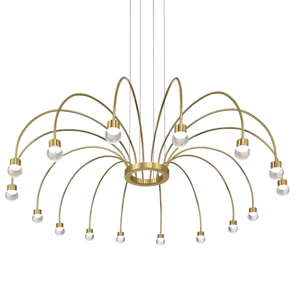 The Yep by Golden Lighting Vario 16-Light Integrated LED Chandelier delivers dramatic scale and refined contemporary elegance through a sculptural design defined by gracefully arched arms radiating from a central hub. Finished in Titanium Gold, the electroplated frame showcases a rich, saturated yellow-gold tone with a flawless mirror-like sheen that reflects light for a bold, luxurious presence. Each arm is finished with a clear glass globe diffuser that allows light to pass through with crisp clarity, creating a clean, timeless silhouette while softly revealing the integrated LED source. Measuring 47"W x 14"H x 47"D, this extra-large chandelier makes a commanding statement in dining rooms, foyers, bedrooms, and expansive living spaces. Adjustable hanging height from 15.5" to 134" and sloped-ceiling compatibility provide exceptional installation flexibility. Damp-location rated for covered and semi-enclosed spaces, it features integrated LED technology delivering 3840 lumens of bright, energy-efficient illumination with a built-in 3CCT selector offering 3000K, 4000K, or 5000K color temperatures to customize ambiance. Collection: Vario Finish: Titanium Gold Glass: Clear Glass Globe Width: 47.00" Height: 14.00" Weight: 9.68 lb Extension from Wall: 47.00" Canopy: 8.75"W x 8.75"H x 1.5"D Bulbs Included Number of Bulbs: 16 Maximum Wattage: 48.00 W Bulb Type: Panel Light Source: LED Dimmable Voltage: 120.00 V Country of Origin: China Safety Listing: ETL LED Manufacturer Warranty: 5 Year Limited