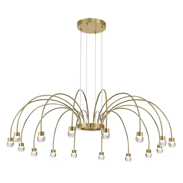 The Yep by Golden Lighting Vario 16-Light Integrated LED Chandelier delivers dramatic scale and refined contemporary elegance through a sculptural design defined by gracefully arched arms radiating from a central hub. Finished in Titanium Gold, the electroplated frame showcases a rich, saturated yellow-gold tone with a flawless mirror-like sheen that reflects light for a bold, luxurious presence. Each arm is finished with a clear glass globe diffuser that allows light to pass through with crisp clarity, creating a clean, timeless silhouette while softly revealing the integrated LED source. Measuring 47"W x 14"H x 47"D, this extra-large chandelier makes a commanding statement in dining rooms, foyers, bedrooms, and expansive living spaces. Adjustable hanging height from 15.5" to 134" and sloped-ceiling compatibility provide exceptional installation flexibility. Damp-location rated for covered and semi-enclosed spaces, it features integrated LED technology delivering 3840 lumens of bright, energy-efficient illumination with a built-in 3CCT selector offering 3000K, 4000K, or 5000K color temperatures to customize ambiance. Collection: Vario Finish: Titanium Gold Glass: Clear Glass Globe Width: 47.00" Height: 14.00" Weight: 9.68 lb Extension from Wall: 47.00" Canopy: 8.75"W x 8.75"H x 1.5"D Bulbs Included Number of Bulbs: 16 Maximum Wattage: 48.00 W Bulb Type: Panel Light Source: LED Dimmable Voltage: 120.00 V Country of Origin: China Safety Listing: ETL LED Manufacturer Warranty: 5 Year Limited - alternate view