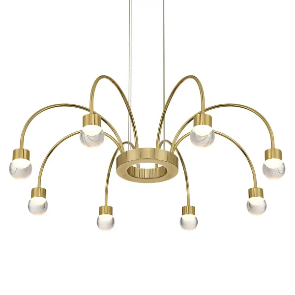 The Yep by Golden Lighting Vario 8-Light Integrated LED Chandelier delivers a sophisticated balance of sculptural drama and airy elegance through its gracefully arched arm design and luminous glass diffusers. Radiating from a central hub, the curved arms are finished in Titanium Gold, an electroplated surface with a rich, saturated yellow-gold tone and flawless mirror-like sheen that reflects light for a bold, luxurious presence. Each arm is finished with a clear glass globe diffuser that allows light to pass through with crisp clarity, creating a clean, timeless silhouette while subtly revealing the integrated LED source within. Measuring 25.25"W x 9.25"H x 25.25"D, this chandelier is ideal for dining rooms, foyers, bedrooms, and living spaces where refined impact is desired without overwhelming scale. Adjustable hanging height from 11.5" to 134" and sloped-ceiling compatibility provide exceptional installation flexibility. Damp-location rated, it is suitable for covered and semi-enclosed spaces. Integrated LED technology delivers 2000 lumens of energy-efficient illumination and includes a built-in 3CCT selector offering 3000K, 4000K, or 5000K color temperatures to customize ambiance. Collection: Vario Finish: Titanium Gold Glass: Clear Glass Globe Width: 25.25" Height: 9.25" Weight: 4.73 lb Extension from Wall: 25.25" Canopy: 6.5"W x 6.5"H x 1.5"D Bulbs Included Number of Bulbs: 8 Maximum Wattage: 25.00 W Bulb Type: Panel Light Source: LED Dimmable Voltage: 120.00 V Country of Origin: China Safety Listing: ETL LED Manufacturer Warranty: 5 Year Limited