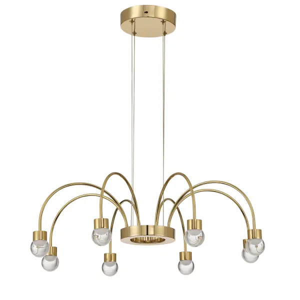 The Yep by Golden Lighting Vario 8-Light Integrated LED Chandelier delivers a sophisticated balance of sculptural drama and airy elegance through its gracefully arched arm design and luminous glass diffusers. Radiating from a central hub, the curved arms are finished in Titanium Gold, an electroplated surface with a rich, saturated yellow-gold tone and flawless mirror-like sheen that reflects light for a bold, luxurious presence. Each arm is finished with a clear glass globe diffuser that allows light to pass through with crisp clarity, creating a clean, timeless silhouette while subtly revealing the integrated LED source within. Measuring 25.25"W x 9.25"H x 25.25"D, this chandelier is ideal for dining rooms, foyers, bedrooms, and living spaces where refined impact is desired without overwhelming scale. Adjustable hanging height from 11.5" to 134" and sloped-ceiling compatibility provide exceptional installation flexibility. Damp-location rated, it is suitable for covered and semi-enclosed spaces. Integrated LED technology delivers 2000 lumens of energy-efficient illumination and includes a built-in 3CCT selector offering 3000K, 4000K, or 5000K color temperatures to customize ambiance. Collection: Vario Finish: Titanium Gold Glass: Clear Glass Globe Width: 25.25" Height: 9.25" Weight: 4.73 lb Extension from Wall: 25.25" Canopy: 6.5"W x 6.5"H x 1.5"D Bulbs Included Number of Bulbs: 8 Maximum Wattage: 25.00 W Bulb Type: Panel Light Source: LED Dimmable Voltage: 120.00 V Country of Origin: China Safety Listing: ETL LED Manufacturer Warranty: 5 Year Limited - alternate view