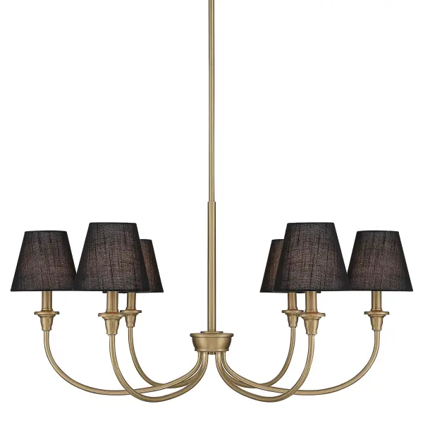 The Cambria 6-Light Chandelier by Yep by Golden Lighting brings timeless elegance and modern sophistication together in a refined statement fixture. Gracefully arched arms and balanced proportions reinterpret a classic chandelier silhouette, while Empire Hardback Black fabric shades introduce bold contrast and tailored refinement. The Brushed Champagne Brass finish features a pale, muted brassy-gold tone with a fine directional brushed texture and soft satin luster, offering a contemporary alternative to traditional gold while adding warmth and quiet luxury. The structured black hardback shades maintain crisp lines and gently diffuse light to create a controlled, atmospheric glow with depth and visual interest, making this luxury champagne brass chandelier an ideal centerpiece for dining rooms, foyers, bedrooms, and living spaces. Designed for flexibility, it is sloped-ceiling compatible with an adjustable hanging height from 16.5" to 31.38", requires six E12 bulbs (not included), and is dry-location rated for interior spaces where classic style meets modern contrast. Collection: Cambria Finish: Brushed Champagne Brass Glass: Empire Hardback Black Width: 33.25" Height: 16.50" Weight: 7.06 lb Extension from Wall: 33.25" Canopy: 4.75"W x 4.75"H x 0.75"D Number of Bulbs: 6 Maximum Wattage: 60.00 W Bulb Type: CA10 Bulb Base: E12 Dimmable Voltage: 120.00 V Country of Origin: China Safety Listing: ETL Manufacturer Warranty: 1 Year Limited
