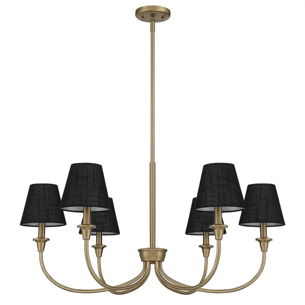 The Cambria 6-Light Chandelier by Yep by Golden Lighting brings timeless elegance and modern sophistication together in a refined statement fixture. Gracefully arched arms and balanced proportions reinterpret a classic chandelier silhouette, while Empire Hardback Black fabric shades introduce bold contrast and tailored refinement. The Brushed Champagne Brass finish features a pale, muted brassy-gold tone with a fine directional brushed texture and soft satin luster, offering a contemporary alternative to traditional gold while adding warmth and quiet luxury. The structured black hardback shades maintain crisp lines and gently diffuse light to create a controlled, atmospheric glow with depth and visual interest, making this luxury champagne brass chandelier an ideal centerpiece for dining rooms, foyers, bedrooms, and living spaces. Designed for flexibility, it is sloped-ceiling compatible with an adjustable hanging height from 16.5" to 31.38", requires six E12 bulbs (not included), and is dry-location rated for interior spaces where classic style meets modern contrast. Collection: Cambria Finish: Brushed Champagne Brass Glass: Empire Hardback Black Width: 33.25" Height: 16.50" Weight: 7.06 lb Extension from Wall: 33.25" Canopy: 4.75"W x 4.75"H x 0.75"D Number of Bulbs: 6 Maximum Wattage: 60.00 W Bulb Type: CA10 Bulb Base: E12 Dimmable Voltage: 120.00 V Country of Origin: China Safety Listing: ETL Manufacturer Warranty: 1 Year Limited - alternate view
