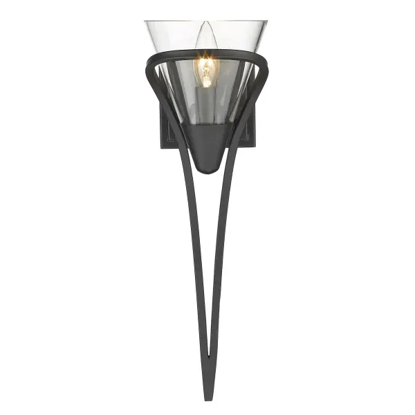 Bring modern elegance into your home with the Wry Lighting Olympia 1-light Wall Sconce in Matte Black. Featuring a glass shade and a matte black frame, it creates a welcoming atmosphere. The clear glass shade boasts a polished finish, allowing brilliant, unobstructed light to shine through, making it ideal for a range of styles from minimalist to contemporary. The epitome of clean, modern style, the Matte Black finish is smooth to the touch and complements virtually any decor, providing a strong graphic quality perfect for any space. Enhance hallways, stairways, and bathrooms, or add cozy ambiance in bedrooms, dining rooms, and entry points. Damp Location Rated, it is suitable for covered and semi-enclosed spaces with occasional moisture, making it versatile for various rooms. Requires 1 E12 candelabra base bulb (not included) with a maximum wattage of 60. With overall dimensions of 5.88"W x 18.88"H x 8.25"D, this wall sconce is a perfect blend of style and functionality, elevating any interior with its striking visual appeal. Collection: Olympia Finish: Matte Black Glass: Clear Glass Width: 5.88" Height: 18.88" Weight: 2.68 lb Extension from Wall: 8.25" Canopy: 4.75"W x 4.75"H x 0.88"D Number of Bulbs: 1 Maximum Wattage: 60.00 W Bulb Type: CA10 Bulb Base: E12 Light Source: Incandescent Dimmable Voltage: 120.00 V Country of Origin: China Safety Listing: ETL Manufacturer Warranty: 1 Year Limited - alternate view