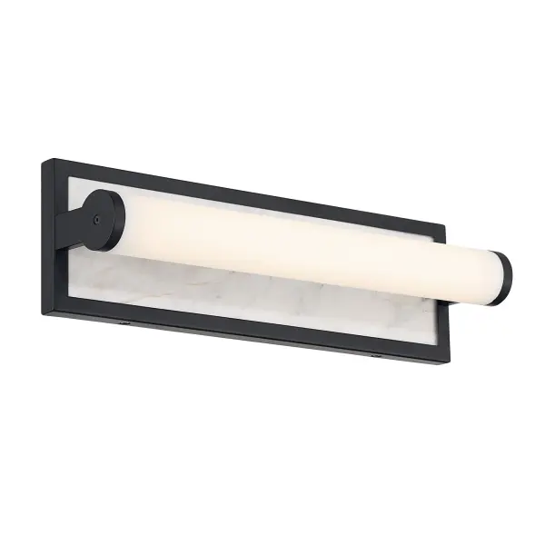 The Yep by Golden Lighting Stratum 18" Integrated LED Vanity brings refined architectural simplicity to modern bath spaces through clean lines, mixed materials, and thoughtful detailing. A smooth cylindrical glass diffuser extends across the fixture, mounted against a crisp rectangular backplate accented with Jazz White Marble. The natural white marble features soft veining and subtle tonal variation that adds organic elegance and visual depth while maintaining a clean, timeless look. Finished in Matte Black, the steel frame showcases a deep, uniform black tone with a smooth, non-reflective matte surface that creates strong contrast and graphic clarity. Measuring 17.5"W x 5.25"H x 4"D, this vanity light is ideally sized for bathrooms and powder rooms, providing practical task lighting that flatters while enhancing the space. Damp-location rated for areas with occasional moisture, it features integrated LED technology delivering 960 lumens at a warm 3000K color temperature for energy-efficient, comfortable illumination. Collection: Stratum Finish: Matte Black Glass: Jazz White Width: 17.50" Height: 5.25" Weight: 7.70 lb Extension from Wall: 4.00" Canopy: 17.5"W x 5.25"H x 1"D Bulbs Included Number of Bulbs: 1 Maximum Wattage: 12.00 W Bulb Type: Panel Light Source: LED Dimmable Voltage: 120.00 V Country of Origin: China Safety Listing: ETL ADA LED Manufacturer Warranty: 5 Year Limited