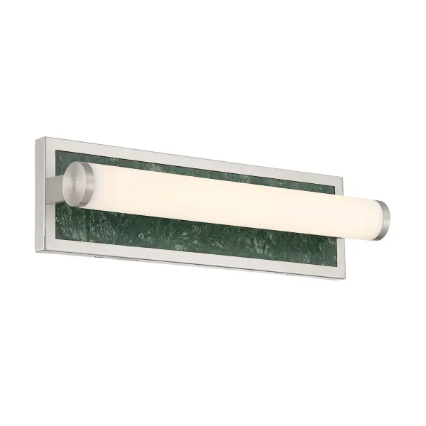 Stratum 18" Integrated LED Vanity delivers a distinctive modern bath lighting solution through its clean linear profile and luxurious stone detailing. A smooth cylindrical glass diffuser spans the fixture, mounted against a rectangular backplate accented with Persian Green Marble. The richly colored green stone displays organic veining and layered tonal variation, adding depth and visual drama while remaining refined and architectural. Finished in Brushed Nickel, the frame features a cool silver-grey tone with a soft satin sheen and fine brushed texture that complements the marble’s bold character without overpowering it. Measuring 17.5"W x 5.25"H x 4"D, this vanity light is ideally proportioned for bathrooms and powder rooms. Damp-location rated, it includes integrated LED technology delivering 960 lumens at a warm 3000K, providing flattering, energy-efficient illumination that enhances both the space and the fixture’s sophisticated presence.