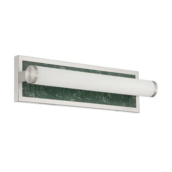 Stratum 18" Integrated LED Vanity delivers a distinctive modern bath lighting solution through its clean linear profile and luxurious stone detailing. A smooth cylindrical glass diffuser spans the fixture, mounted against a rectangular backplate accented with Persian Green Marble. The richly colored green stone displays organic veining and layered tonal variation, adding depth and visual drama while remaining refined and architectural. Finished in Brushed Nickel, the frame features a cool silver-grey tone with a soft satin sheen and fine brushed texture that complements the marble’s bold character without overpowering it. Measuring 17.5"W x 5.25"H x 4"D, this vanity light is ideally proportioned for bathrooms and powder rooms. Damp-location rated, it includes integrated LED technology delivering 960 lumens at a warm 3000K, providing flattering, energy-efficient illumination that enhances both the space and the fixture’s sophisticated presence. - alternate view