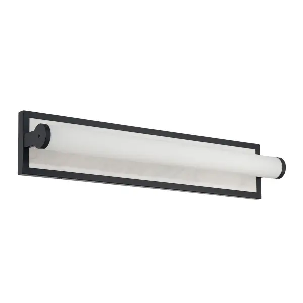 The Yep by Golden Lighting Stratum 24" Integrated LED Vanity offers a refined architectural look through its streamlined linear form and elevated material contrast. A smooth cylindrical glass diffuser spans the fixture, mounted against a crisp rectangular backplate accented with Jazz White Marble. The natural white marble features soft veining and subtle tonal variation that add organic elegance while maintaining a clean, timeless aesthetic. Finished in Matte Black, the frame displays a deep, uniform black tone with a non-reflective matte surface that absorbs light for a soft, sophisticated appearance and strong graphic presence. Measuring 25.25"W x 5.25"H x 4"D, this vanity light provides generous coverage for wider vanities and mirrors. Damp-location rated, it is suitable for bathrooms and powder rooms. Integrated LED technology delivers 1280 lumens at a warm 3000K color temperature, providing energy-efficient, flattering illumination ideal for daily grooming tasks. Collection: Stratum Finish: Matte Black Glass: Jazz White Width: 25.25" Height: 5.25" Weight: 10.78 lb Extension from Wall: 4.00" Canopy: 25.25"W x 5.25"H x 1"D Bulbs Included Number of Bulbs: 1 Maximum Wattage: 16.00 W Bulb Type: Panel Light Source: LED Dimmable Voltage: 120.00 V Country of Origin: China Safety Listing: ETL ADA LED Manufacturer Warranty: 5 Year Limited - alternate view