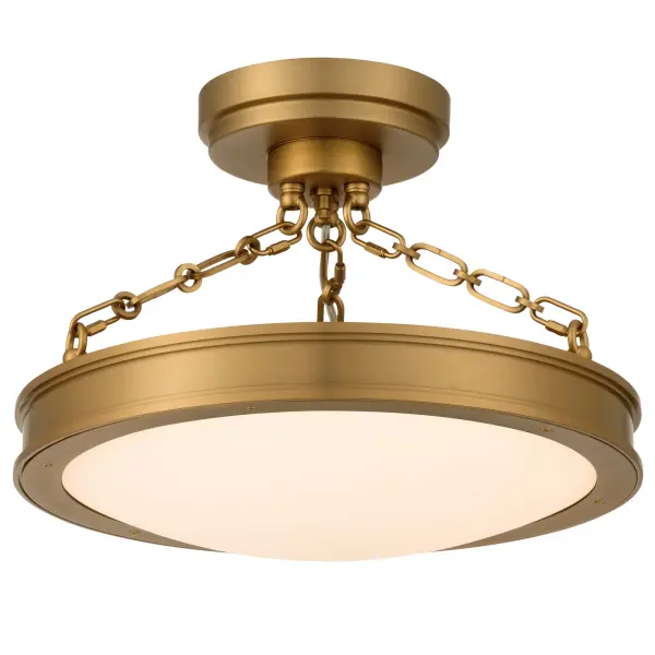 The Golden Lighting Cameron 17" Integrated LED Semi-Flush Mount offers a timeless lighting solution designed for spaces with limited ceiling height while maintaining refined visual presence. The smooth circular drum silhouette is accented by decorative chain detailing that adds subtle character without overwhelming the design. An etched glass diffuser gently softens the illumination, delivering even, ambient light with a warm, inviting glow. Finished in Brushed Champagne Brass, the electroplated frame displays a pale brassy-gold tone with a fine brushed texture and soft satin sheen that enhances both traditional and transitional interiors. Measuring 16.5"W x 24.75"H x 16.5"D, this semi-flush fixture is ideal for entryways, bedrooms, kitchens, and living areas. Damp-location rated and sloped-ceiling compatible, it is fully adjustable and convertible, allowing installation as either a semi-flush or pendant. Integrated LED technology provides 1500 lumens with selectable 3000K, 4000K, or 5000K color temperatures for customizable, energy-efficient lighting. Collection: Cameron Finish: Brushed Champagne Brass Glass: Etched Glass Width: 16.50" Height: 24.75" Weight: 20.90 lb Extension from Wall: 16.50" Canopy: 7"W x 7"H x 7"D Bulbs Included Number of Bulbs: 1 Maximum Wattage: 32.00 W Bulb Type: Panel Light Source: LED Dimmable Voltage: 120.00 V Country of Origin: China Safety Listing: ETL LED Manufacturer Warranty: 5 Year Limited