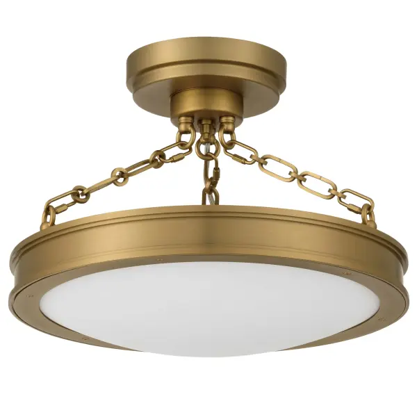 The Golden Lighting Cameron 17" Integrated LED Semi-Flush Mount offers a timeless lighting solution designed for spaces with limited ceiling height while maintaining refined visual presence. The smooth circular drum silhouette is accented by decorative chain detailing that adds subtle character without overwhelming the design. An etched glass diffuser gently softens the illumination, delivering even, ambient light with a warm, inviting glow. Finished in Brushed Champagne Brass, the electroplated frame displays a pale brassy-gold tone with a fine brushed texture and soft satin sheen that enhances both traditional and transitional interiors. Measuring 16.5"W x 24.75"H x 16.5"D, this semi-flush fixture is ideal for entryways, bedrooms, kitchens, and living areas. Damp-location rated and sloped-ceiling compatible, it is fully adjustable and convertible, allowing installation as either a semi-flush or pendant. Integrated LED technology provides 1500 lumens with selectable 3000K, 4000K, or 5000K color temperatures for customizable, energy-efficient lighting. Collection: Cameron Finish: Brushed Champagne Brass Glass: Etched Glass Width: 16.50" Height: 24.75" Weight: 20.90 lb Extension from Wall: 16.50" Canopy: 7"W x 7"H x 7"D Bulbs Included Number of Bulbs: 1 Maximum Wattage: 32.00 W Bulb Type: Panel Light Source: LED Dimmable Voltage: 120.00 V Country of Origin: China Safety Listing: ETL LED Manufacturer Warranty: 5 Year Limited - alternate view