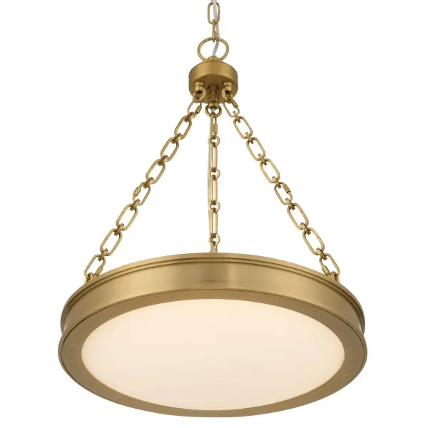The Golden Lighting Cameron 17" Integrated LED Pendant offers a refined interpretation of classic drum lighting through clean lines, balanced proportions, and softly diffused illumination. The smooth circular drum silhouette is suspended by decorative chain detailing that adds subtle architectural interest while maintaining a composed, understated profile. An etched glass diffuser gently softens the light, providing even, ambient illumination with a warm, inviting glow. Finished in Brushed Champagne Brass, the electroplated metal frame features a pale, muted brassy-gold tone with a fine directional brushed texture and soft satin sheen that delivers understated sophistication. Measuring 16.5"W x 24.75"H x 16.5"D, this pendant is well suited for kitchens, dining areas, foyers, and bedrooms. Damp-location rated, it is also appropriate for covered bathroom spaces. The fixture is sloped-ceiling compatible, fully adjustable, and convertible, allowing installation as either a pendant or semi-flush mount. Integrated LED technology provides 1500 lumens and selectable 3CCT options (3000K, 4000K, 5000K) for customized, energy-efficient lighting. Collection: Cameron Finish: Brushed Champagne Brass Glass: Etched Glass Width: 16.50" Height: 24.75" Weight: 20.90 lb Extension from Wall: 16.50" Canopy: 7"W x 7"H x 7"D Bulbs Included Number of Bulbs: 1 Maximum Wattage: 32.00 W Bulb Type: Panel Light Source: LED Dimmable Voltage: 120.00 V Country of Origin: China Safety Listing: ETL LED Manufacturer Warranty: 5 Year Limited