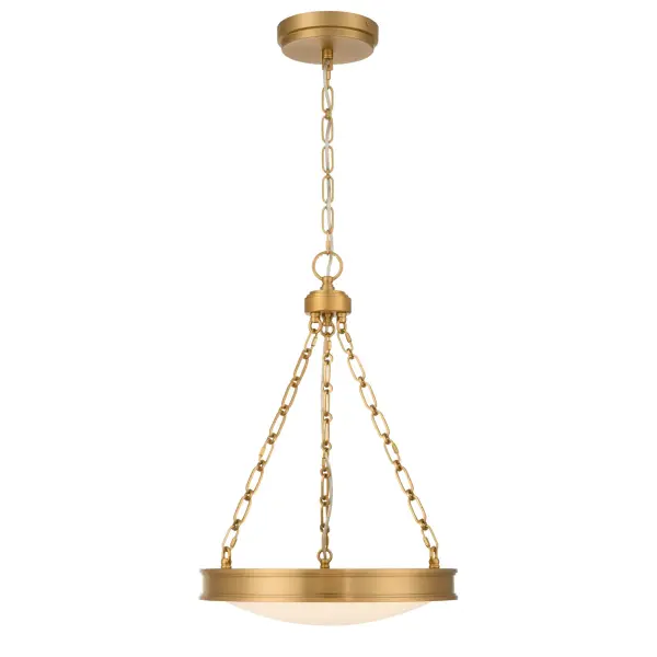 The Golden Lighting Cameron 17" Integrated LED Pendant offers a refined interpretation of classic drum lighting through clean lines, balanced proportions, and softly diffused illumination. The smooth circular drum silhouette is suspended by decorative chain detailing that adds subtle architectural interest while maintaining a composed, understated profile. An etched glass diffuser gently softens the light, providing even, ambient illumination with a warm, inviting glow. Finished in Brushed Champagne Brass, the electroplated metal frame features a pale, muted brassy-gold tone with a fine directional brushed texture and soft satin sheen that delivers understated sophistication. Measuring 16.5"W x 24.75"H x 16.5"D, this pendant is well suited for kitchens, dining areas, foyers, and bedrooms. Damp-location rated, it is also appropriate for covered bathroom spaces. The fixture is sloped-ceiling compatible, fully adjustable, and convertible, allowing installation as either a pendant or semi-flush mount. Integrated LED technology provides 1500 lumens and selectable 3CCT options (3000K, 4000K, 5000K) for customized, energy-efficient lighting. Collection: Cameron Finish: Brushed Champagne Brass Glass: Etched Glass Width: 16.50" Height: 24.75" Weight: 20.90 lb Extension from Wall: 16.50" Canopy: 7"W x 7"H x 7"D Bulbs Included Number of Bulbs: 1 Maximum Wattage: 32.00 W Bulb Type: Panel Light Source: LED Dimmable Voltage: 120.00 V Country of Origin: China Safety Listing: ETL LED Manufacturer Warranty: 5 Year Limited - alternate view