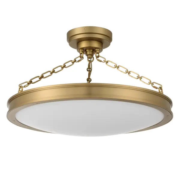 The Golden Lighting Cameron 24" Integrated LED Semi-Flush Mount offers a refined interpretation of classic drum lighting with clean lines and balanced proportions. The smooth circular silhouette is accented by decorative chain detailing that adds subtle architectural interest while maintaining a composed, elegant profile. An etched glass diffuser gently softens the light, providing even ambient illumination ideal for a variety of spaces. Finished in Brushed Champagne Brass, the electroplated frame features a pale, warm brassy-gold tone with a soft satin sheen that enhances both traditional and transitional interiors. Measuring 24"W x 28"H x 24"D, this semi-flush fixture is well suited for entryways, bedrooms, kitchens, and living spaces with mid-height ceilings. Damp-location rated and sloped-ceiling compatible, it is fully adjustable and convertible. Integrated LED technology delivers 2000 lumens with selectable 3000K, 4000K, or 5000K color temperatures for flexible, energy-efficient lighting. Collection: Cameron Finish: Brushed Champagne Brass Glass: Etched Glass Width: 24.00" Height: 28.00" Weight: 36.30 lb Extension from Wall: 24.00" Canopy: 7"W x 7"H x 7"D Bulbs Included Number of Bulbs: 1 Maximum Wattage: 40.00 W Bulb Type: Panel Light Source: LED Dimmable Voltage: 120.00 V Country of Origin: China Safety Listing: ETL LED Manufacturer Warranty: 5 Year Limited - alternate view