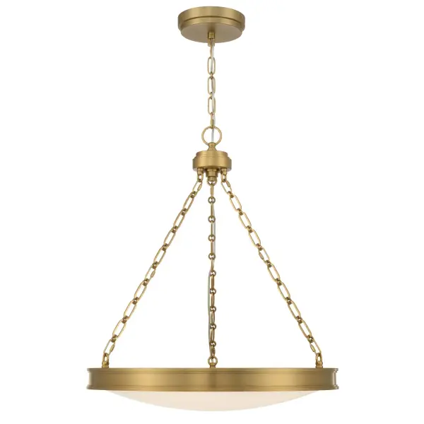 The Golden Lighting Cameron 24" Integrated LED Pendant presents a timeless drum silhouette scaled for larger interiors, offering refined elegance and balanced illumination. Suspended by decorative chain detailing, the smooth circular form introduces subtle architectural character while maintaining a composed, classic profile. An etched glass diffuser gently softens the light, producing even, ambient illumination with a warm, welcoming glow. Finished in Brushed Champagne Brass, the electroplated metal frame displays a pale brassy-gold tone with a fine brushed texture and soft satin sheen that delivers understated luxury. Measuring 24"W x 28"H x 24"D, this pendant is ideal for kitchens, dining rooms, foyers, bedrooms, and covered bathroom spaces. Damp-location rated and sloped-ceiling compatible, it is fully adjustable and convertible for pendant or semi-flush installation. Integrated LED technology delivers 2000 lumens with selectable 3000K, 4000K, or 5000K color temperatures for customizable, energy-efficient lighting. Collection: Cameron Finish: Brushed Champagne Brass Glass: Etched Glass Width: 24.00" Height: 28.00" Weight: 36.30 lb Extension from Wall: 24.00" Canopy: 7"W x 7"H x 7"D Bulbs Included Number of Bulbs: 1 Maximum Wattage: 40.00 W Bulb Type: Panel Light Source: LED Dimmable Voltage: 120.00 V Country of Origin: China Safety Listing: ETL LED Manufacturer Warranty: 5 Year Limited - alternate view