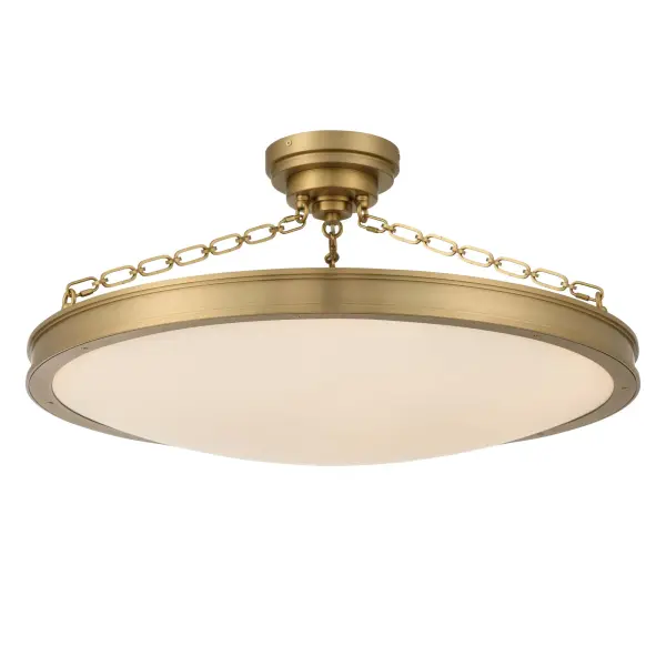 The Golden Lighting Cameron 30" Integrated LED Semi-Flush Mount offers timeless drum styling with refined architectural details. A smooth circular silhouette is accented by decorative chain elements that add subtle visual interest while maintaining a composed, balanced profile. The etched glass diffuser softens illumination, delivering an even ambient glow ideal for living areas, bedrooms, kitchens, and entryways with mid-height ceilings. Finished in brushed champagne brass, the electroplated surface showcases a pale, satin gold tone with fine brushed texture for understated elegance. Measuring 30"W x 32"H x 30"D, this fixture is damp-location rated, sloped-ceiling compatible, fully adjustable, and convertible. Integrated LED technology provides 3400 lumens with selectable 3000K, 4000K, or 5000K color temperatures for efficient, customizable lighting. Collection: Cameron Finish: Brushed Champagne Brass Glass: Etched Glass Width: 30.00" Height: 32.00" Weight: 45.32 lb Extension from Wall: 30.00" Canopy: 7"W x 7"H x 7"D Bulbs Included Number of Bulbs: 1 Maximum Wattage: 51.00 W Bulb Type: Panel Light Source: LED Dimmable Voltage: 120.00 V Country of Origin: China Safety Listing: ETL LED Manufacturer Warranty: 5 Year Limited