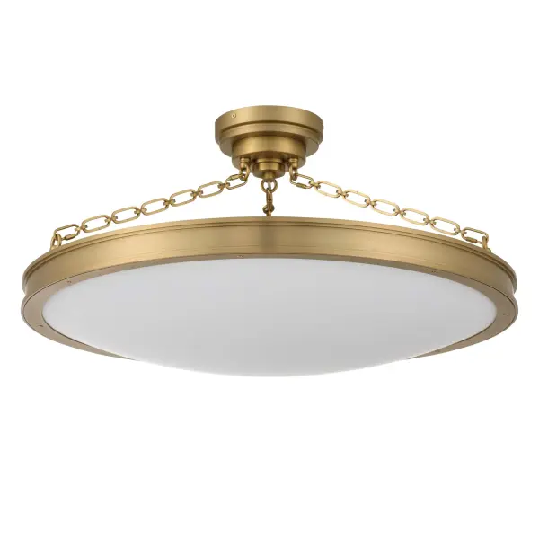 The Golden Lighting Cameron 30" Integrated LED Semi-Flush Mount offers timeless drum styling with refined architectural details. A smooth circular silhouette is accented by decorative chain elements that add subtle visual interest while maintaining a composed, balanced profile. The etched glass diffuser softens illumination, delivering an even ambient glow ideal for living areas, bedrooms, kitchens, and entryways with mid-height ceilings. Finished in brushed champagne brass, the electroplated surface showcases a pale, satin gold tone with fine brushed texture for understated elegance. Measuring 30"W x 32"H x 30"D, this fixture is damp-location rated, sloped-ceiling compatible, fully adjustable, and convertible. Integrated LED technology provides 3400 lumens with selectable 3000K, 4000K, or 5000K color temperatures for efficient, customizable lighting. Collection: Cameron Finish: Brushed Champagne Brass Glass: Etched Glass Width: 30.00" Height: 32.00" Weight: 45.32 lb Extension from Wall: 30.00" Canopy: 7"W x 7"H x 7"D Bulbs Included Number of Bulbs: 1 Maximum Wattage: 51.00 W Bulb Type: Panel Light Source: LED Dimmable Voltage: 120.00 V Country of Origin: China Safety Listing: ETL LED Manufacturer Warranty: 5 Year Limited - alternate view
