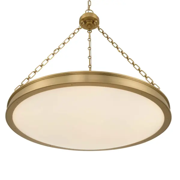 The Golden Lighting Cameron 30" Integrated LED Pendant delivers a bold yet refined take on traditional drum lighting with generous scale and clean, architectural lines. The smooth circular silhouette is suspended by decorative chain detailing that adds visual interest while maintaining a balanced, elegant presence. An etched glass diffuser softens the illumination, creating a warm, evenly distributed ambient glow. Finished in Brushed Champagne Brass, the electroplated frame features a pale, muted gold tone with a soft satin sheen that complements both traditional and transitional interiors. Measuring 30"W x 32"H x 30"D, this pendant is ideal for large kitchens, dining rooms, foyers, and open living spaces. Damp-location rated and sloped-ceiling compatible, it is fully adjustable and convertible. Integrated LED technology provides 3400 lumens with selectable 3000K, 4000K, or 5000K color temperatures for powerful, energy-efficient illumination. Collection: Cameron Finish: Brushed Champagne Brass Glass: Etched Glass Width: 30.00" Height: 32.00" Weight: 45.32 lb Extension from Wall: 30.00" Canopy: 7"W x 7"H x 7"D Bulbs Included Number of Bulbs: 1 Maximum Wattage: 51.00 W Bulb Type: Panel Light Source: LED Dimmable Voltage: 120.00 V Country of Origin: China Safety Listing: ETL LED Manufacturer Warranty: 5 Year Limited