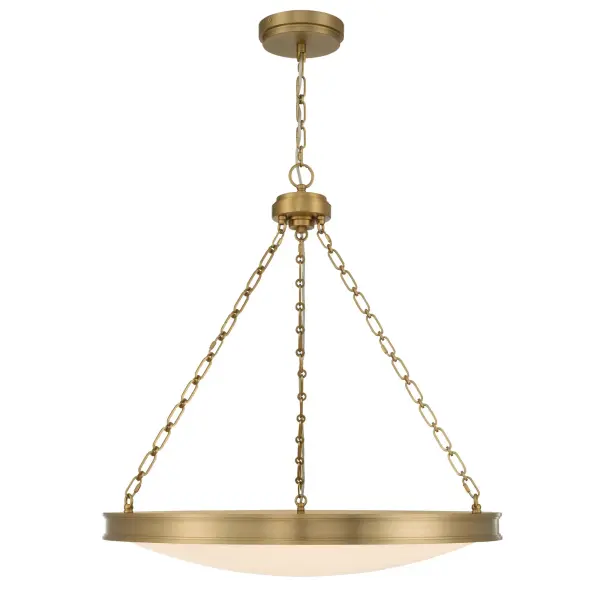 The Golden Lighting Cameron 30" Integrated LED Pendant delivers a bold yet refined take on traditional drum lighting with generous scale and clean, architectural lines. The smooth circular silhouette is suspended by decorative chain detailing that adds visual interest while maintaining a balanced, elegant presence. An etched glass diffuser softens the illumination, creating a warm, evenly distributed ambient glow. Finished in Brushed Champagne Brass, the electroplated frame features a pale, muted gold tone with a soft satin sheen that complements both traditional and transitional interiors. Measuring 30"W x 32"H x 30"D, this pendant is ideal for large kitchens, dining rooms, foyers, and open living spaces. Damp-location rated and sloped-ceiling compatible, it is fully adjustable and convertible. Integrated LED technology provides 3400 lumens with selectable 3000K, 4000K, or 5000K color temperatures for powerful, energy-efficient illumination. Collection: Cameron Finish: Brushed Champagne Brass Glass: Etched Glass Width: 30.00" Height: 32.00" Weight: 45.32 lb Extension from Wall: 30.00" Canopy: 7"W x 7"H x 7"D Bulbs Included Number of Bulbs: 1 Maximum Wattage: 51.00 W Bulb Type: Panel Light Source: LED Dimmable Voltage: 120.00 V Country of Origin: China Safety Listing: ETL LED Manufacturer Warranty: 5 Year Limited - alternate view