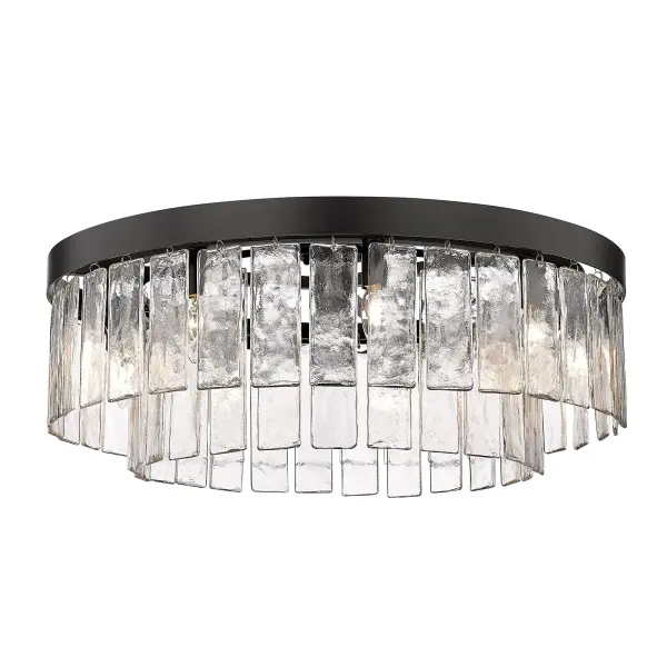 The Ciara 9-light semi-flush mount combines dramatic hammered water glass with a sophisticated matte black finish, creating intricate light patterns that elevate any space. Perfect for mid-height ceilings with convertible installation options. - alternate view