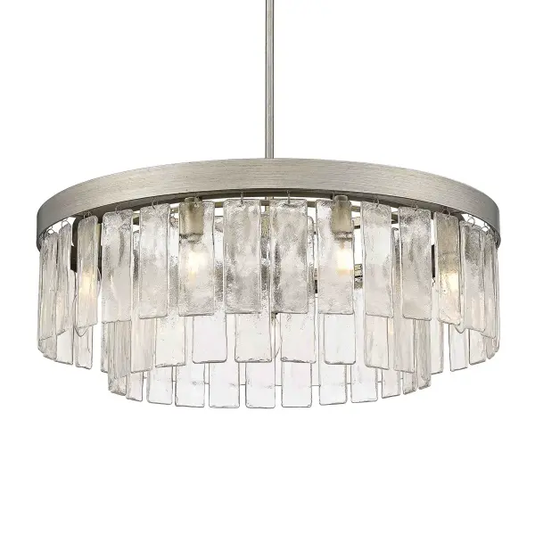 The Ciara 9-light chandelier combines rustic elegance with glam sophistication through its distinctive hammered water glass shades and weathered Peruvian Silver finish. Versatile convertible design works as pendant or semi-flush mount.