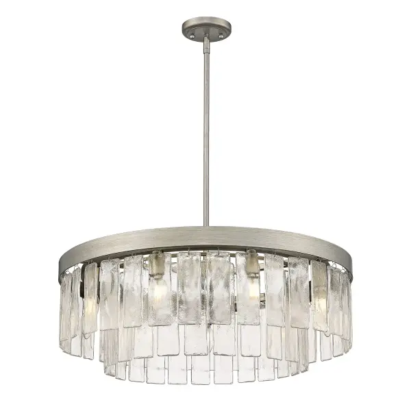 The Ciara 9-light chandelier combines rustic elegance with glam sophistication through its distinctive hammered water glass shades and weathered Peruvian Silver finish. Versatile convertible design works as pendant or semi-flush mount. - alternate view