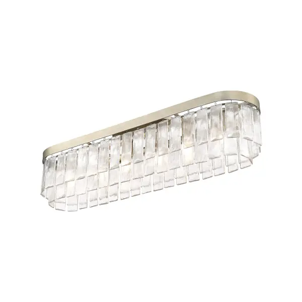 The Ciara 6-light flush mount combines contemporary glam elegance with artisanal craftsmanship. Its hammered water glass shade creates a beautifully distorted light effect while the white gold finish adds warmth and sophistication.